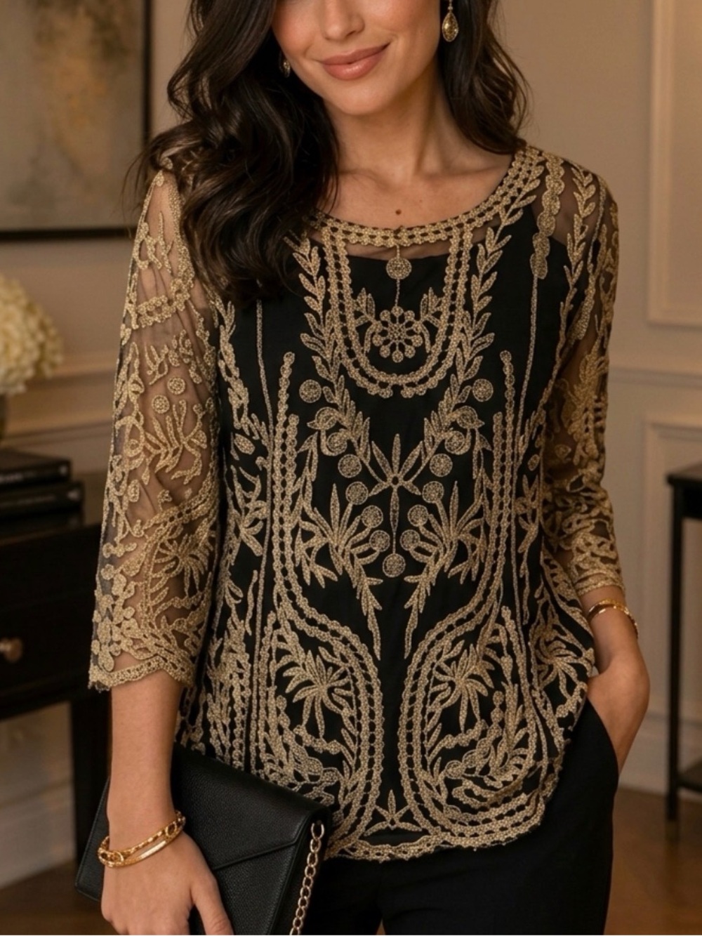 Ultra Pink Black & Gold Metallic Embroidered Sheer Mesh Boho Blouse - Medium